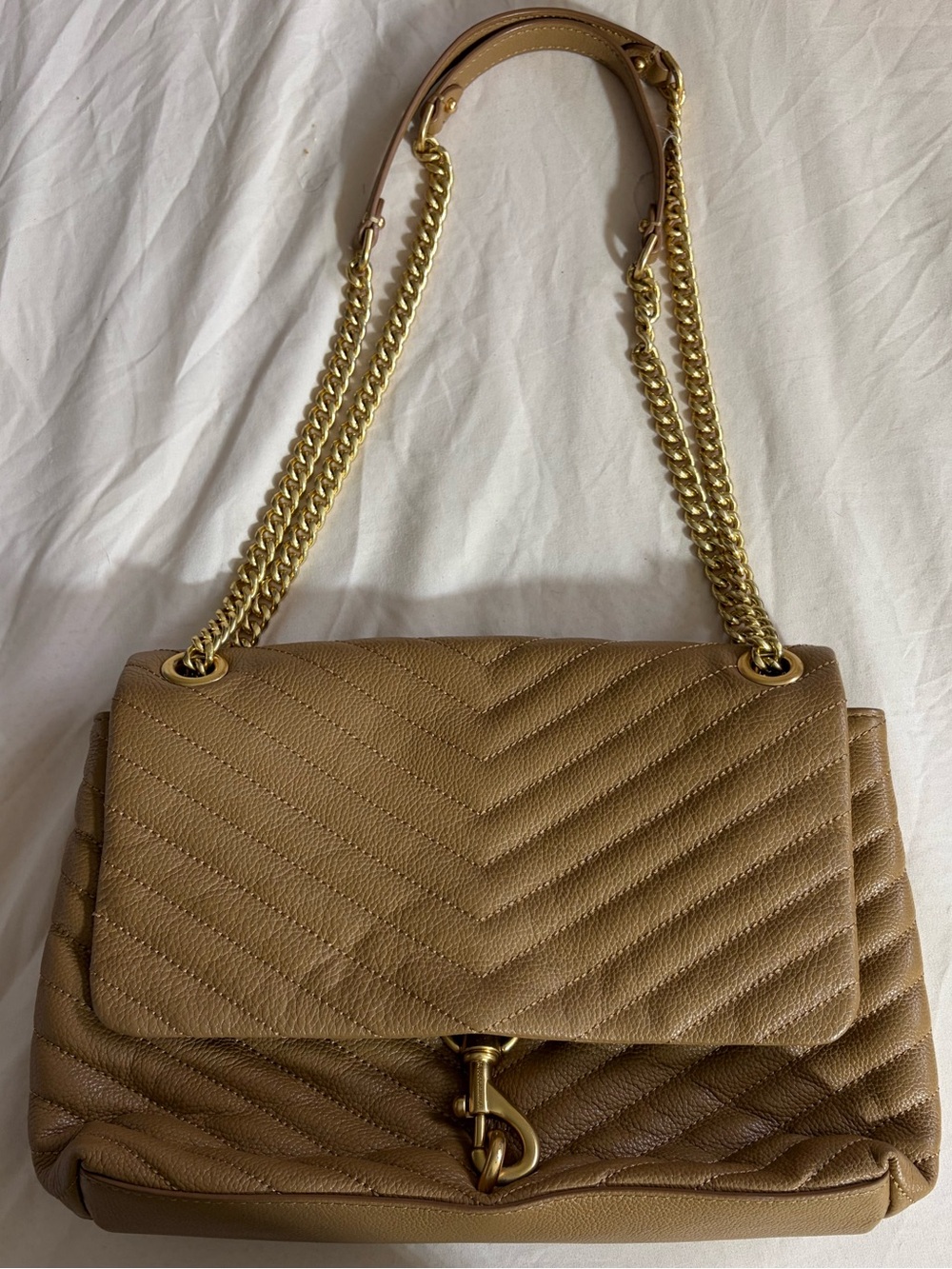 Classic Quilted Tan Shoulder Bag with Gold Chain